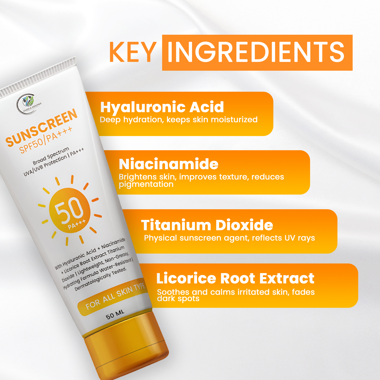 Second image of CLAGG&ASCLEPIUS Sunscreen SPF 50 PA+++, 50ml, Broad Spectrum UVA/UVB Protection, Hyaluronic Acid + Niacinamide, Non-Greasy Formula, Water-Resistant
