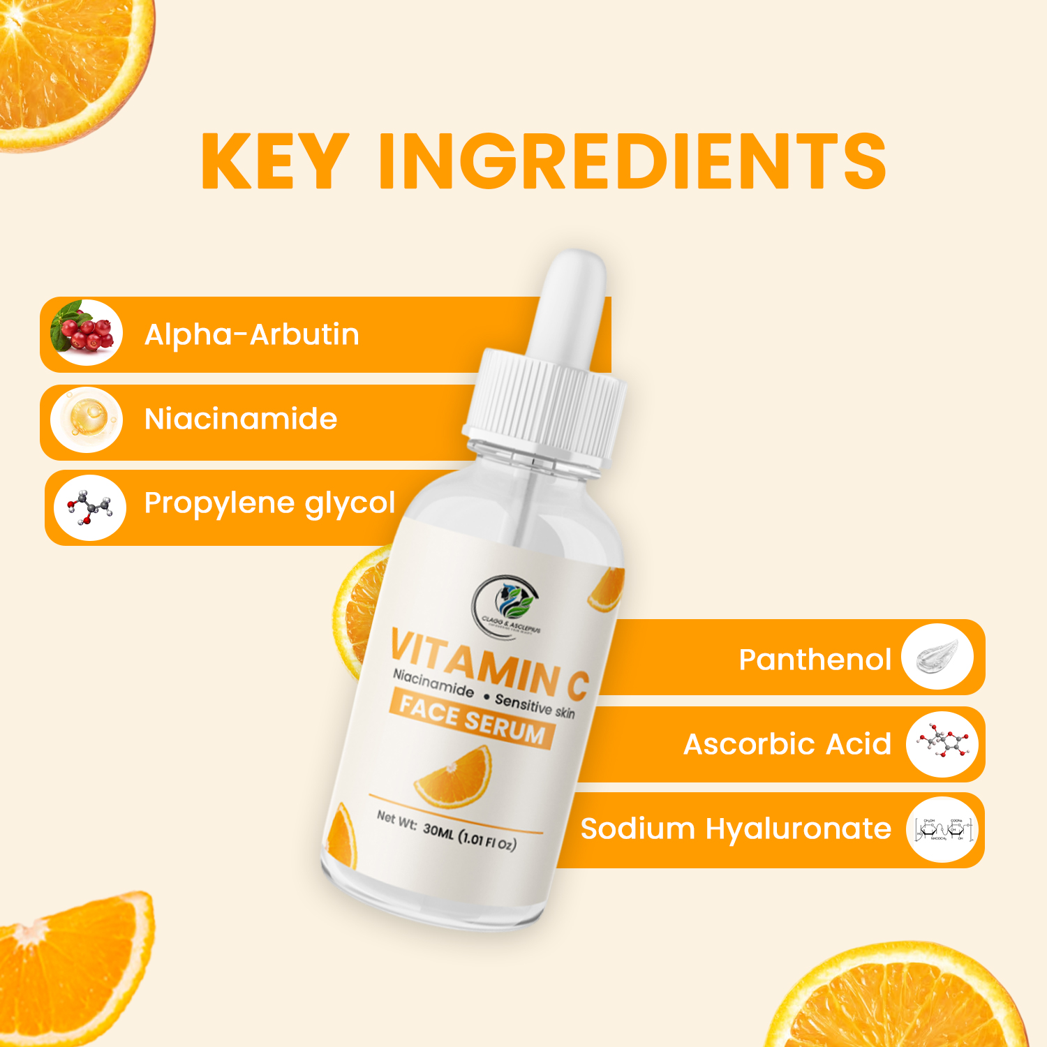Second image of CLAGG & ASCLEPIUS Vitamin C Face Serum with Niacinamide, 30ml, For Sensitive Skin, Brightening & Anti-Ageing